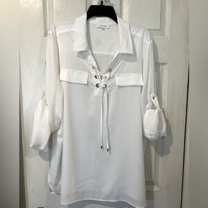 NWOT Calvin Klein White Blouse with a Lace up Tie W/Calvin Klein Grommets